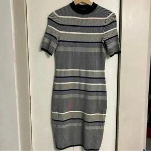 Hugo Boss womens Sawery bodycon ribbed dress stripe knit XS black &‎ white